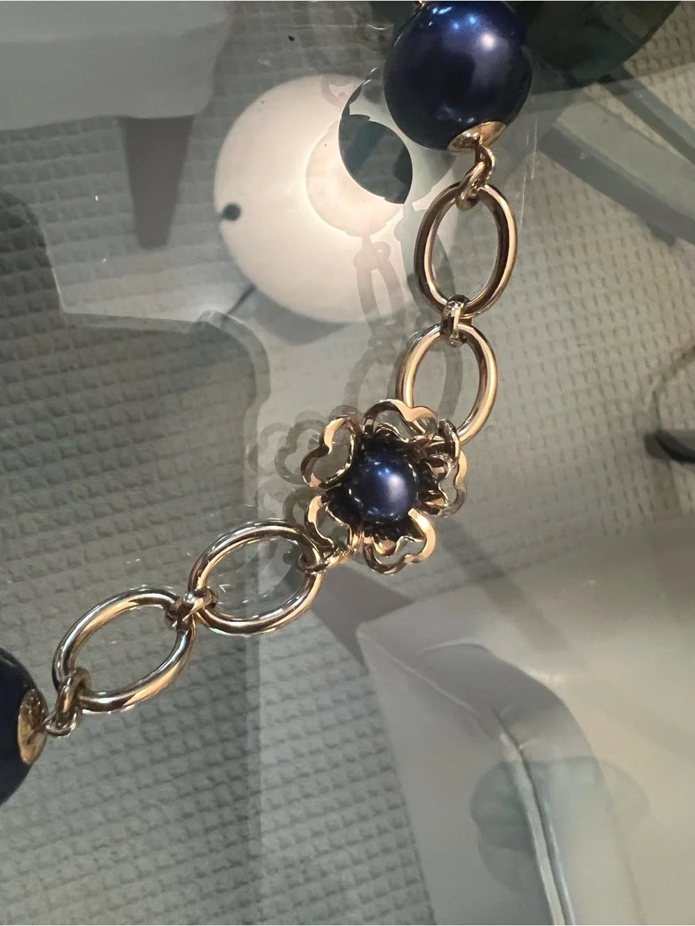 Tory Burch Gold Chain Bracelet with Navy Blue Beads